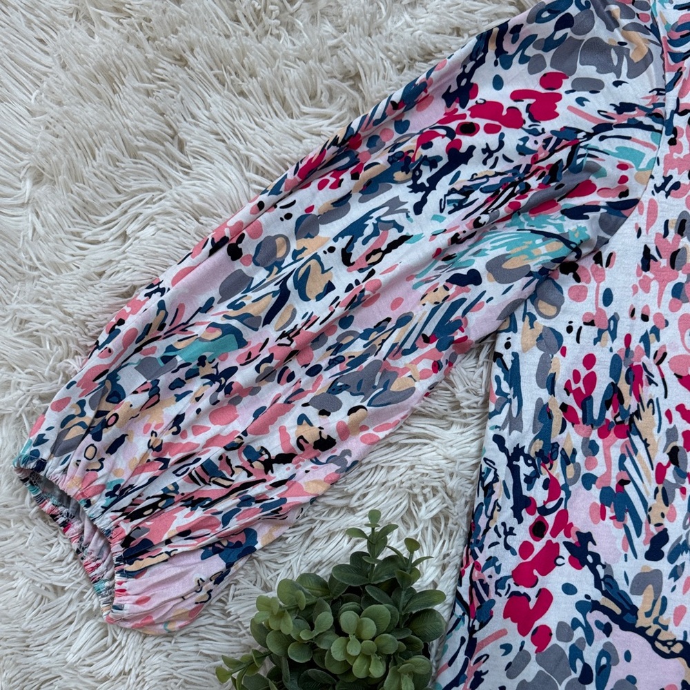 🎉HP🎉 Boutique Floral Print Bubble Sleeve Top 💗 White Pink & Blue - Picture 9 of 14